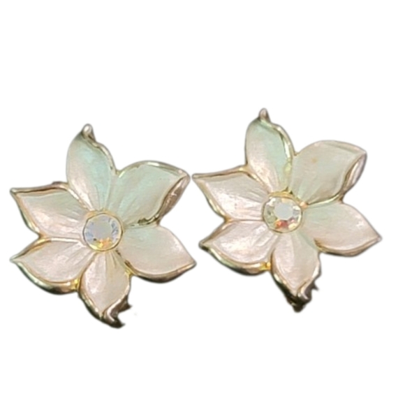 VINTAGE Victorian white clipon earrings rhinestone Gold tone - Picture 3 of 5